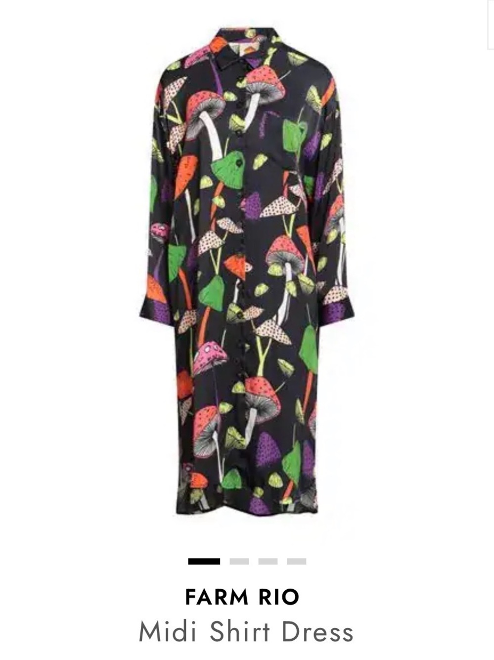 Farm Rio NWT Black Midi Shirt Dress with Neon Mushroom Print